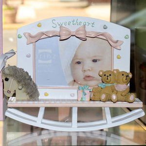 Prinz Ceramic Baby Girl Pink Toy Chest Rocking Horse Photo Frame, New